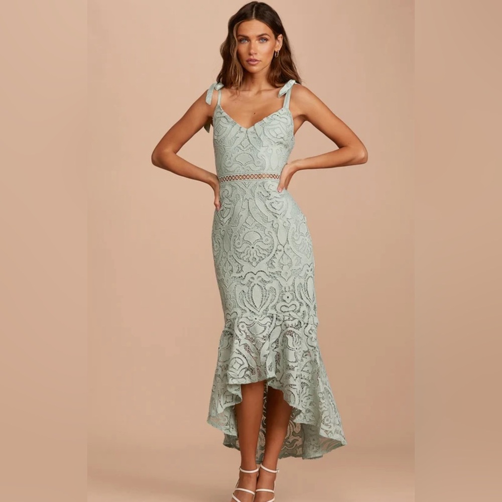 Won Your Heart Sage Green Lace Tie-Strap High-Low Midi Dress